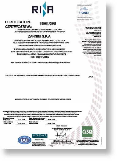 ISO 9001 Zannini Spa